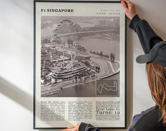 Poster vintage di Singapore F1 / Stampa in bianco e nero della gara notturna di Marina Bay / Arte del circuito cittadino