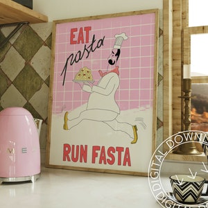 Printable Hand Drawn Italian Pasta Poster | Eat Pasta Run Fasta | Funny Pink Kitchen Print | Modern Food Wall Art | Dorm Print