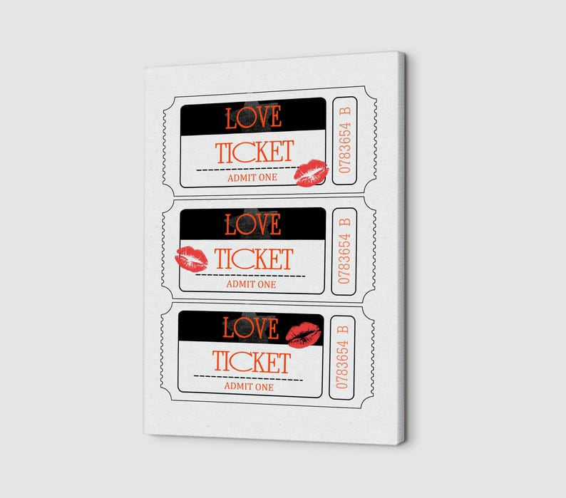 May include: Three vintage-style tickets with the words "LOVE TICKET" and "ADMIT ONE" printed on them. Each ticket has a red lipstick kiss mark and a ticket number.