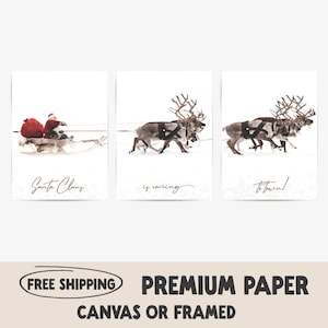 Christmas Set of 3 Posters | Santa Claus with a Sleigh and Reindeers | Santa Claus is Coming to Town Print | Festive Wall Art