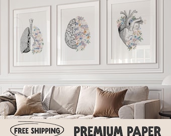Floral Anatomy Prints Set | Brain, Heart, Lungs Medical Art