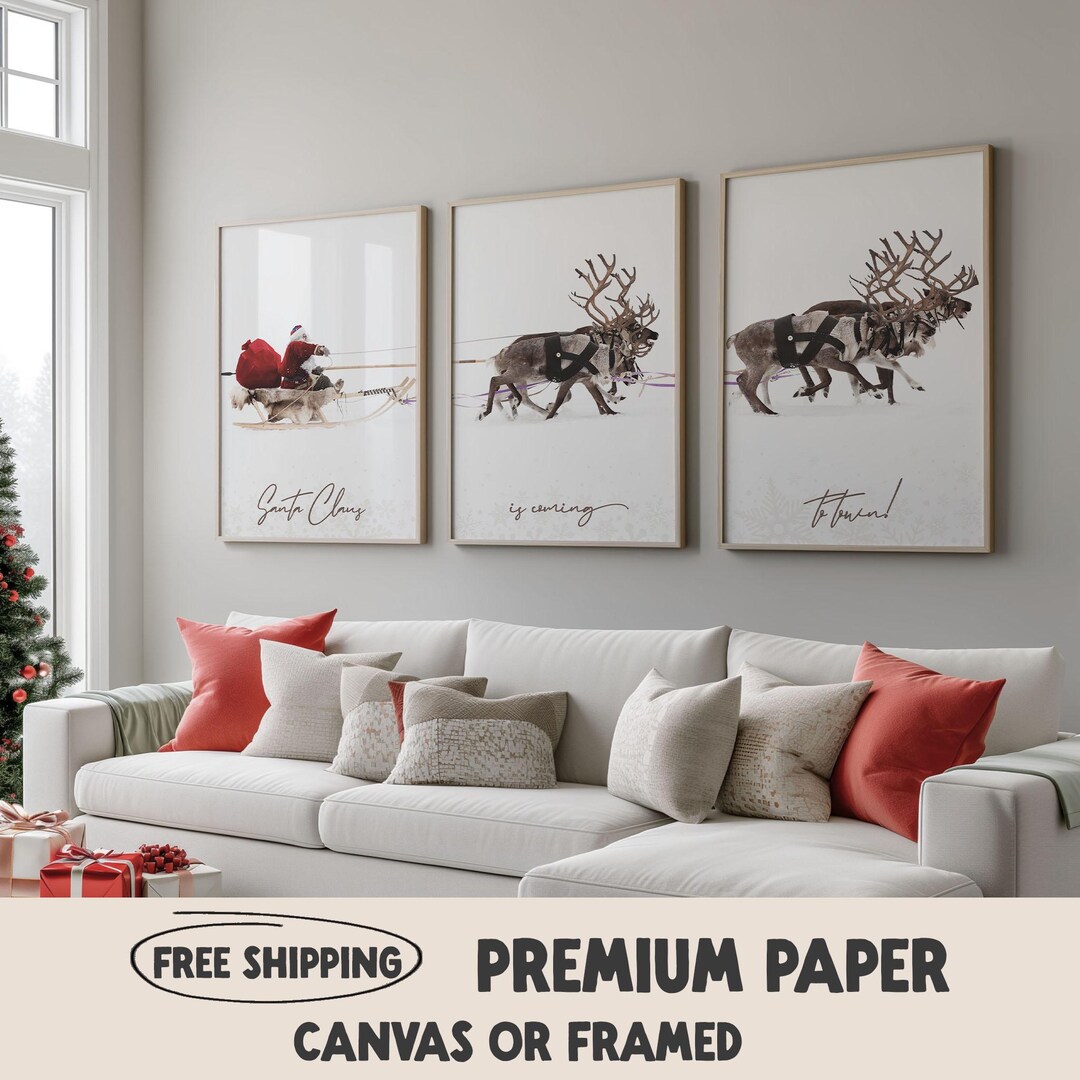 Santa Claus Sleigh Print Set | Christmas Reindeer Wall Art - Etsy