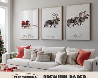 Santa Claus Sleigh Print Set | Christmas Reindeer Wall Art