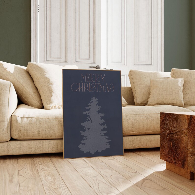 Printable Merry Christmas Poster Navy Blue Christmas Tree Print Holly