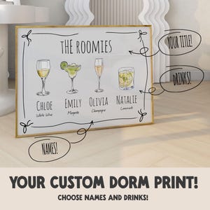 Aangepaste kamergenoot drankje print | Gepersonaliseerde horizontale meisjescocktail | Aangepaste barwagen college appartement | Kunst ingelijste kamergenoten