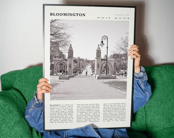 Impressão de Bloomington, Indiana | Pôster vintage em preto e branco de cidade universitária