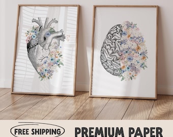 Floral Anatomy Art Print Set | Brain & Heart, Medical Decor