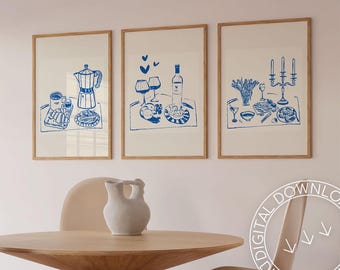 French Food Art Prints Set | Blue Kitchen Posters (Digital Download)