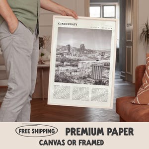 Impressão em preto e branco de Cincinnati | Pôster vintage do horizonte de Ohio | Ideia de presente para amantes de arquitetura e cidades