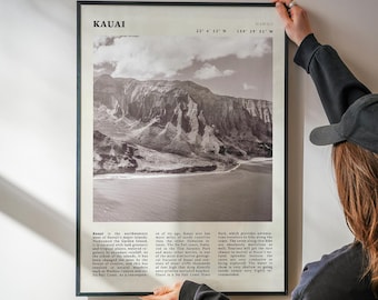 Stampa in bianco e nero di Kauai / Poster di viaggio vintage della costa hawaiana