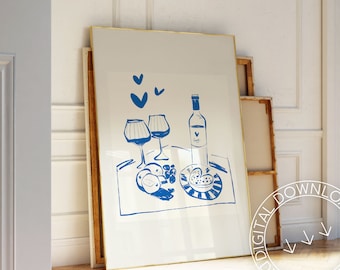 Fransk vinposter | Handritad köksväggkonst (digital nedladdning)