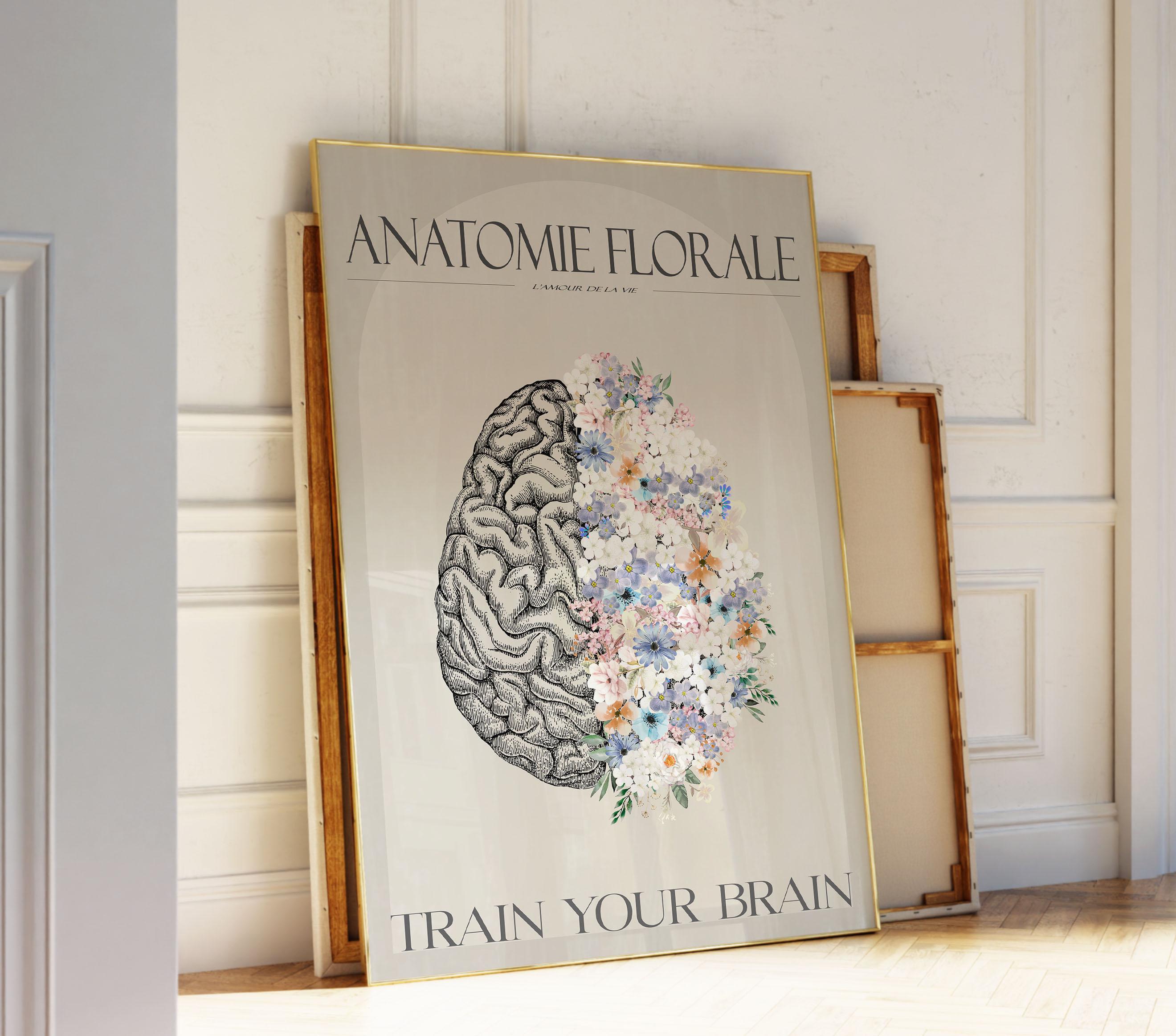 Floral Brain Anatomy Art Print | Minimalist Medical Decor (digital ...