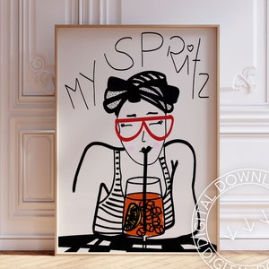 Afdrukbare Aperol Spritz-drankje handgetekende poster | Barwagen slaapzaal keuken of eetkamer kunst aan de muur | Meisjesachtige alcoholcocktail
