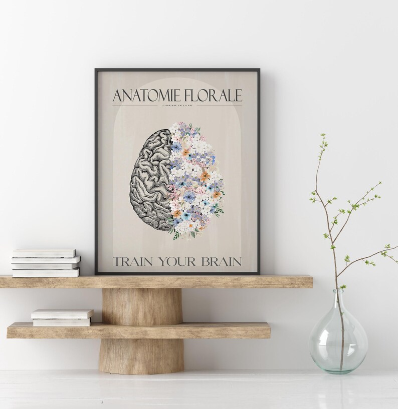 Floral Brain Anatomy Art Print | Minimalist Medical Decor (digital ...