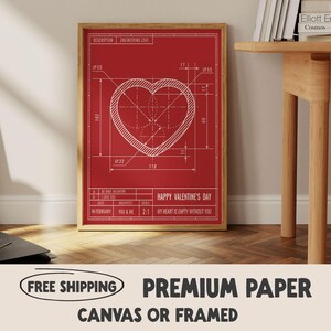 Valentine&#39;s Day Love Print | Engineering Love | Retro Romantic Couple&#39;s Decor | Red Heart | Technical Drawing | Funny Ways To Say I Love You