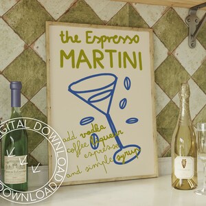 Afdrukbare espresso martini drankje handgetekende poster | Barwagen slaapzaal keuken of eetkamer kunst aan de muur | Moderne alcoholcocktail