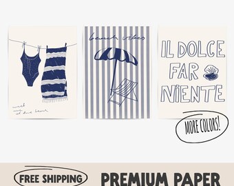 Navy Blue Beach Vibes Poster Set | Italian Il Dolce Far Niente Dorm Wall Art