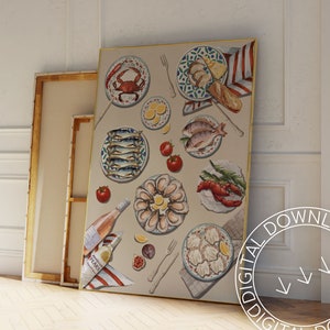 Printable Dinner Table with Seafood Wine And Cheese Poster | French Breakfast Crab Sardines Oysters Lobster | Neutral Kitchen Food Wall Art