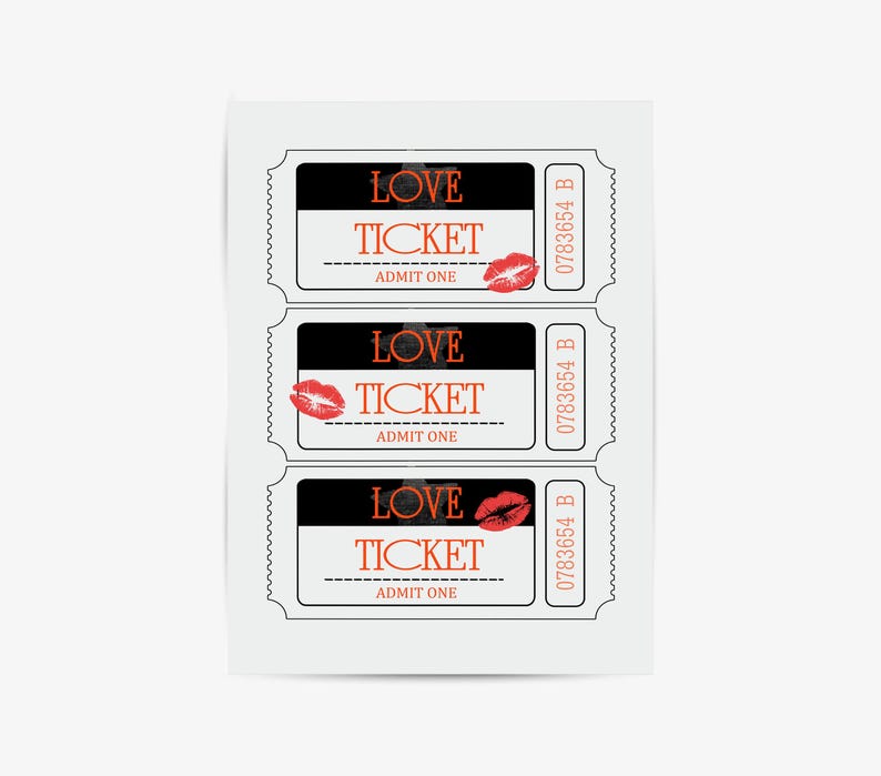 May include: Three black and white ticket stubs with the words "LOVE TICKET" and "ADMIT ONE" printed on them. Each ticket has a red lipstick kiss mark and the number "0783654 B" printed on the right side.