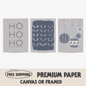 Conjunto de 3 de Natal | Pôster Ho ho ho azul marinho prateado | Impressão de chifres de rena | Decoração de enfeites aconchegantes | Arte de parede de Feliz Natal
