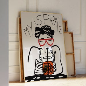 Handgetekende poster Aperol Spritz-drankje | Barwagen slaapzaal keuken of eetkamer kunst aan de muur | Meisjesachtige alcoholcocktail