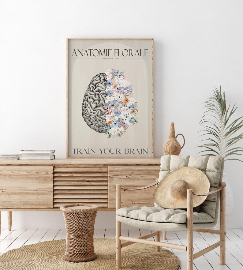 Floral Brain Anatomy Art Print | Minimalist Medical Decor (digital ...