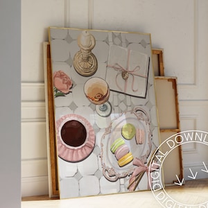 French Macarons & Coffee Print | Vintage Kitchen Wall Art (Digital Download)