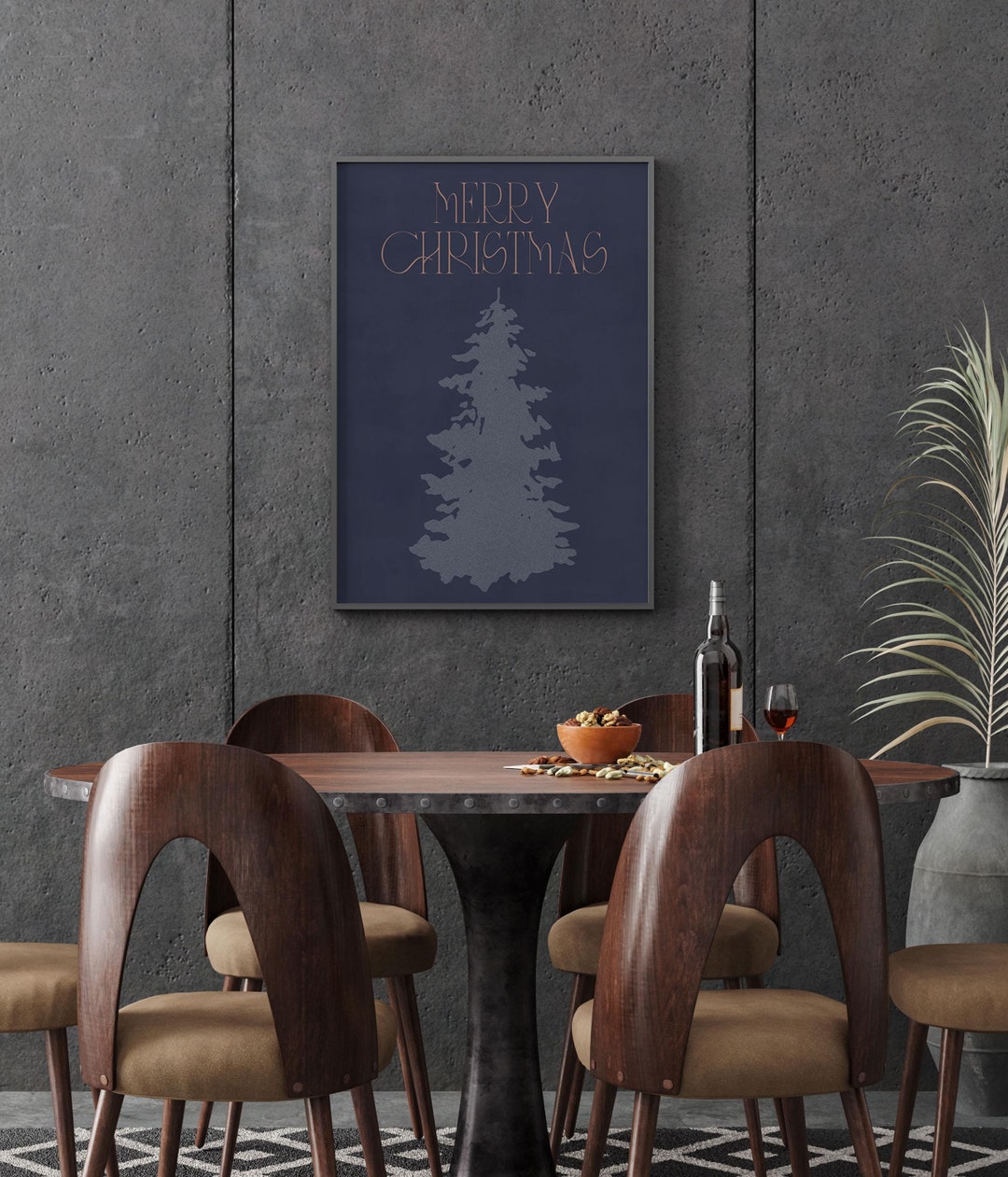 Printable Merry Christmas Poster Navy Blue Christmas Tree Print Holly