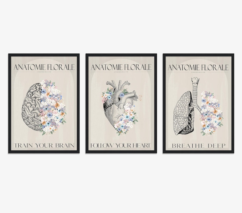 Floral Anatomy Prints Set | Brain, Heart, Lungs Medical Art - Etsy