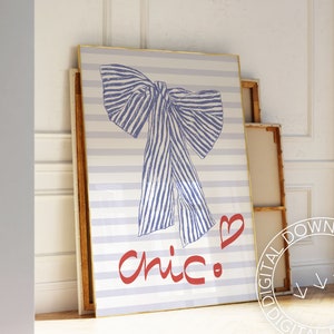 Printable Blue Striped Bow Poster | Chic Decor | Dorm Or Living Room Girly Cute Wall Art