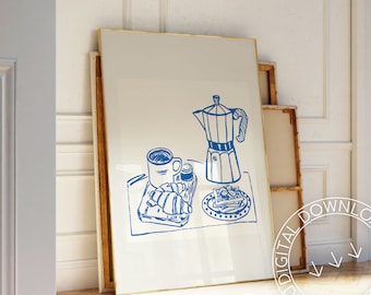 Blue Breakfast Food Print | Coffee, Croissant, Waffles (Digital Download)