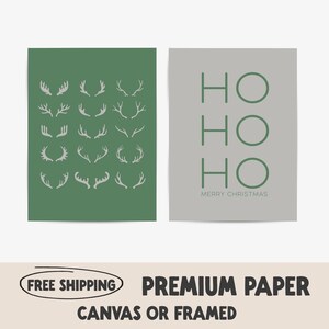 Conjunto de 2 pôsteres verdes aconchegantes de Natal | Citação Ho Ho Ho | Chifres de rena de Natal | Impressões festivas | Arte de parede de Feliz Natal