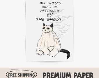 Funny Halloween Ghost Cat Print | Spooky Party Wall Art
