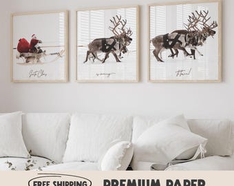 Set de láminas navideñas de Papá Noel / Arte festivo para pared con trineo y renos