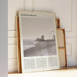 Póster imprimible de Myrtle Beach, Carolina del Sur / Arte mural costero vintage / Impresión de viaje en blanco y negro