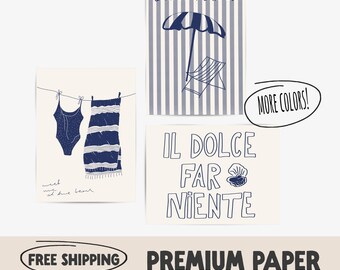 Navy Blue Beach Poster Set | Italian Il Dolce Far Niente Art