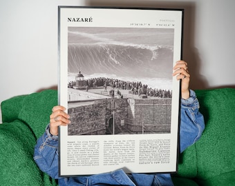 Vintage Nazare Portugal Big Wave Surfing Print | Black and White Travel Poster (Digital Download)