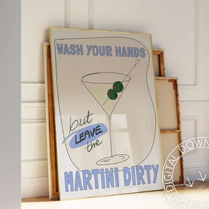 Afdrukbare poster grappige keuken: was je handen | Handgetekend neutraal blauw keukendecor | Moderne cocktailprint | Vuile martini-barwagen