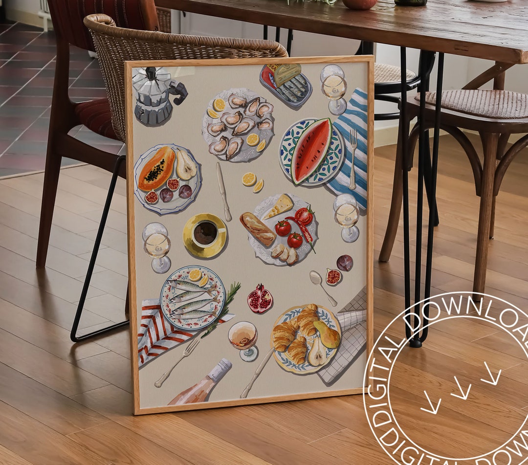 French Dinner Table Art Print | Wine, Cheese, Croissant (digital ...