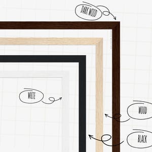 May include: Four picture frames in different colors and styles. The frames are stacked on top of each other. The top frame is dark wood, the second frame is light wood, the third frame is black, and the bottom frame is white.