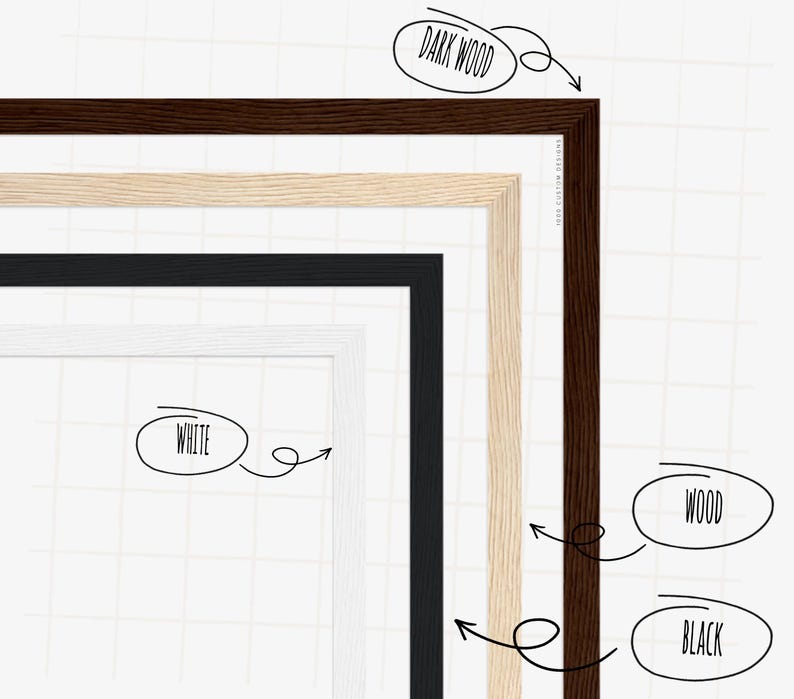 May include: Four picture frames in different colors and styles. The frames are stacked on top of each other. The top frame is dark wood, the second frame is light wood, the third frame is black, and the bottom frame is white.