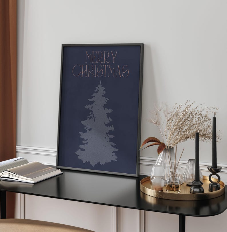 Printable Merry Christmas Poster Navy Blue Christmas Tree Print Holly