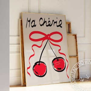Printable Hand Drawn Ma Cherie Cherry Bow Poster | French Red Black Dorm Or Living Room Decor | Girly Cute Wall Art