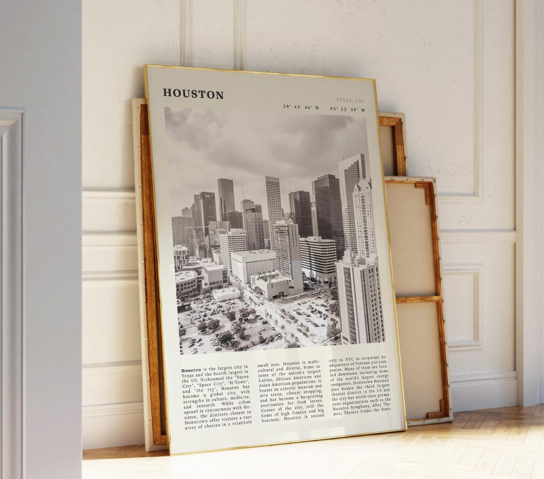 Vintage Houston Skyline Print | Texas Cityscape Travel Poster (digital ...