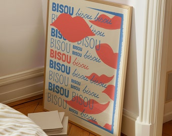 Bisou Bisou lippen citaat print | Moderne pastelkleurige muurkunst