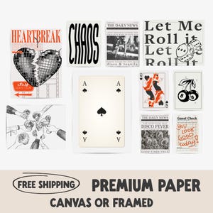 Galerijset van 10 preppy esthetische posters | Slaapzaal rood zwarte prints | Ace Card Lucky Cherry gastencheque en krantenprint