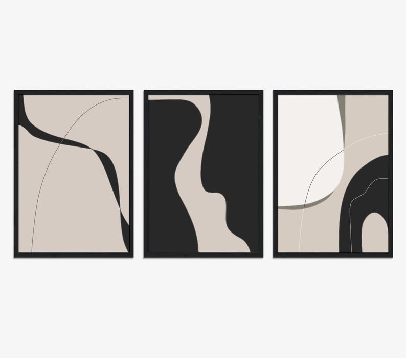 Abstract Art Print Set of 3 | Modern Geometric Beige Black Wall Decor ...