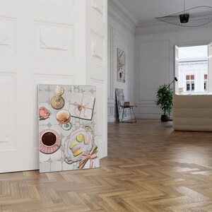 May include: A painting of a still life with a pink rose, a glass of wine, a candle, a box with a pink ribbon, and a plate of macarons on a tiled surface.