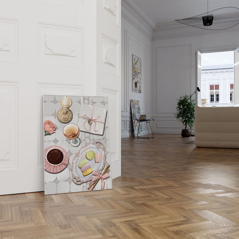 May include: A painting of a still life with a pink rose, a glass of wine, a candle, a box with a pink ribbon, and a plate of macarons on a tiled surface.