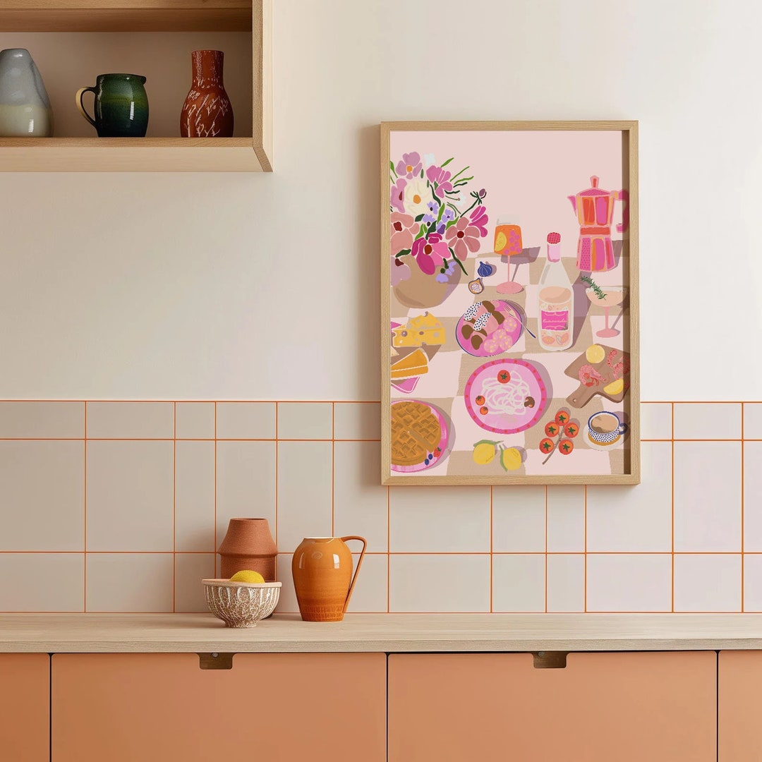 Pink Dinner Table Poster | Hand-drawn Food & Drink Wall Art - Etsy